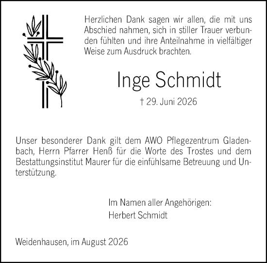 Traueranzeige von Inge Schmidt von Hinterländer Anzeiger