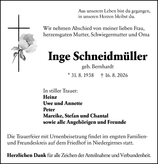 Traueranzeige von Inge Schneidmüller von Wetzlarer Neue Zeitung