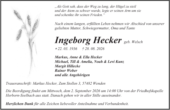 Traueranzeige von Ingeborg Hecker von Dill Block