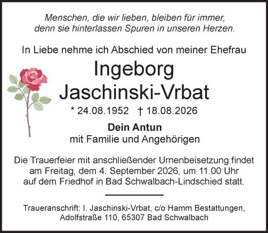 Traueranzeige von Ingeborg Jaschinski-Vrbat von Rheingau-Taunus-Kreis Wochenblatt