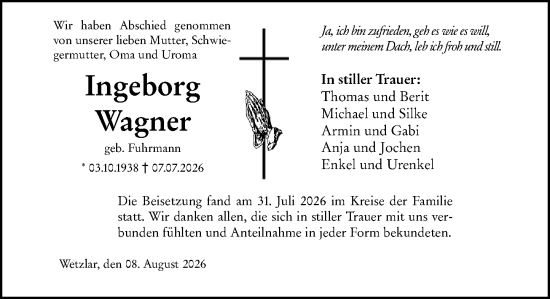 Traueranzeige von Ingeborg Wagner von Weilburger Tageblatt