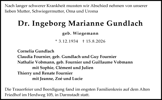 Traueranzeige von Ingeborg Marianne Gundlach von Darmstädter Echo