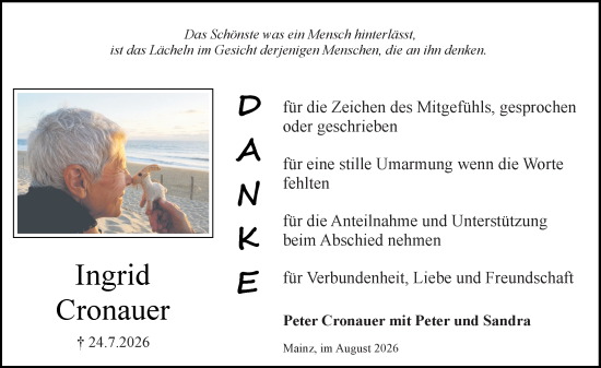 Traueranzeige von Ingrid Cronauer von Allgemeine Zeitung Mainz
