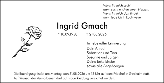 Traueranzeige von Ingrid Gmach von Rüsselsheimer Echo