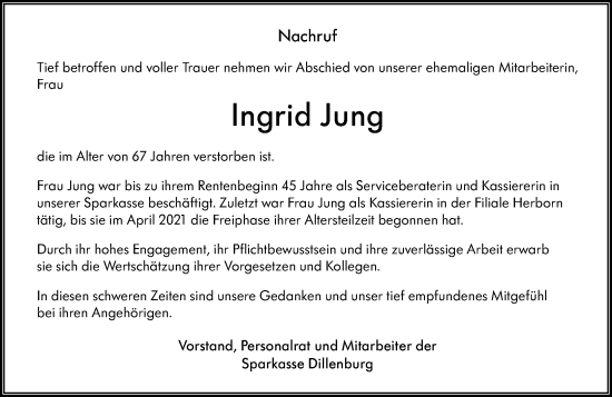 Traueranzeige von Ingrid Jung von Dill Block