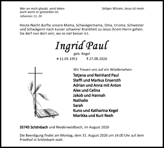 Traueranzeige von Ingrid Paul von Dill Block