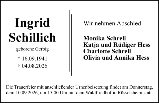 Traueranzeige von Ingrid Schillich von Rüsselsheimer Echo