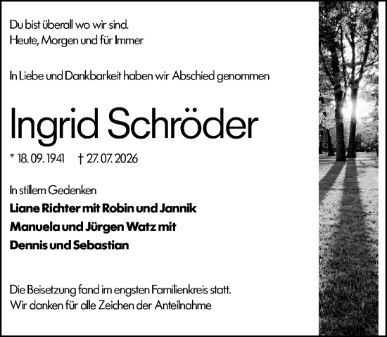 Traueranzeige von Ingrid Schröder von Wetzlarer Neue Zeitung