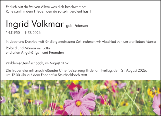 Traueranzeige von Ingrid Volkmar von Camberger Anzeiger