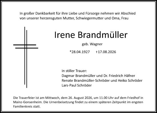 Traueranzeige von Irene Brandmüller von Allgemeine Zeitung Mainz