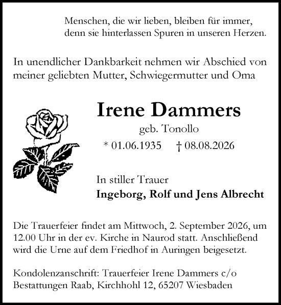 Traueranzeige von Irene Dammers von Wiesbadener Kurier