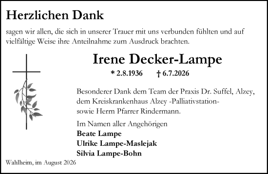 Traueranzeige von Irene Decker-Lampe von Allgemeine Zeitung Alzey
