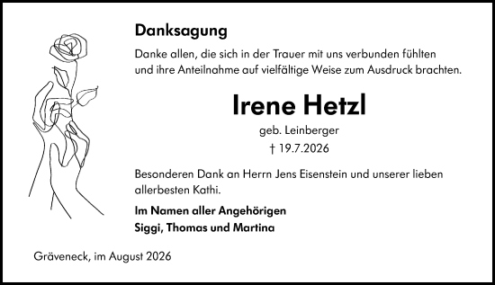 Traueranzeige von Irene Hetzl von Weilburger Tageblatt