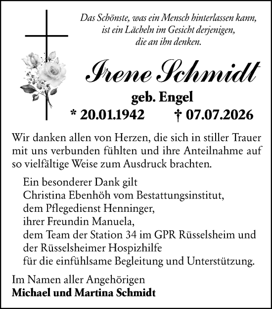 Traueranzeige von Irene Schmidt von Rüsselsheimer Echo