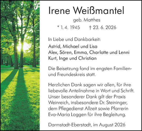 Traueranzeige von Irene Weißmantel von Darmstädter Echo