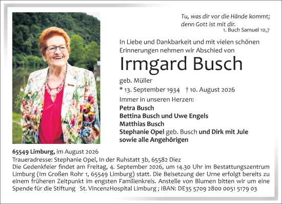 Traueranzeige von Irmgard Busch von Nassauische Neue Presse