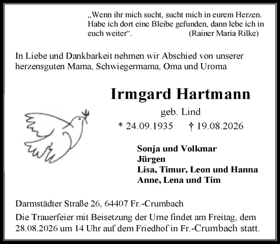 Traueranzeige von Irmgard Hartmann von Odenwälder Echo