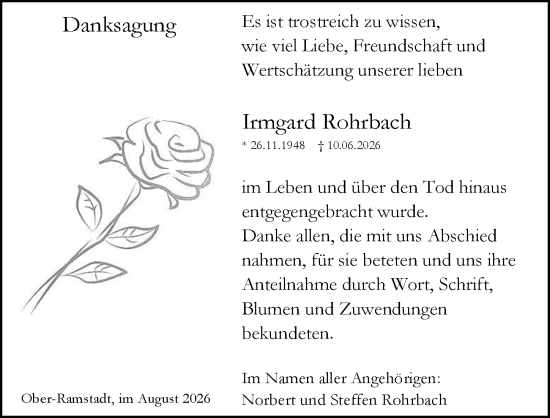 Traueranzeige von Irmgard Rohrbach von Darmstädter Echo