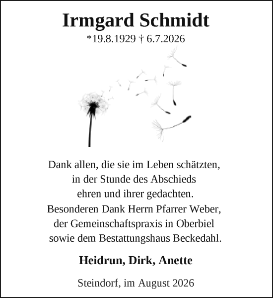 Traueranzeige von Irmgard Schmidt von Wetzlarer Neue Zeitung