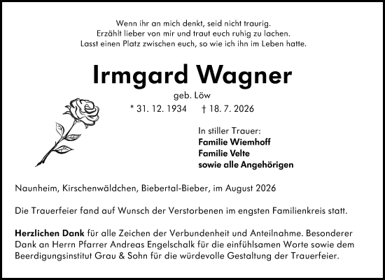 Traueranzeige von Irmgard Wagner von Wetzlarer Neue Zeitung