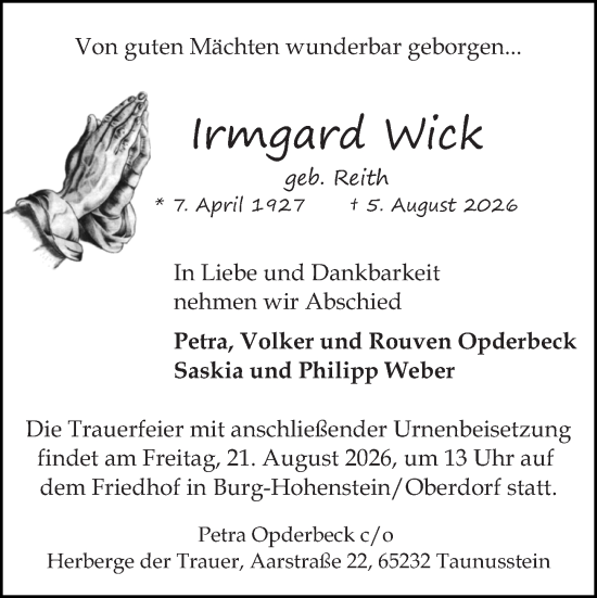 Traueranzeige von Irmgard Wick von Idsteiner Land/Untertaunus