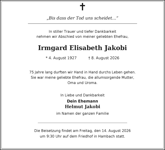 Traueranzeige von Irmgard Elisabeth Jakobi von Starkenburger Echo