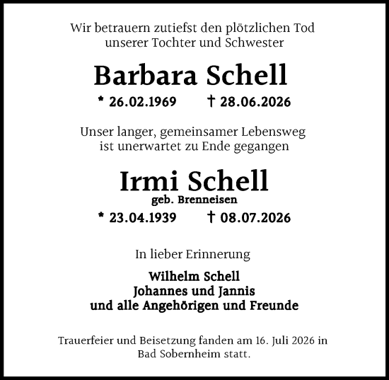 Traueranzeige von Irmi Schell von Allgemeine Zeitung Mainz