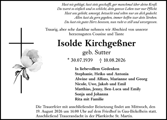Traueranzeige von Isolde Kirchgeßner von Allgemeine Zeitung Alzey