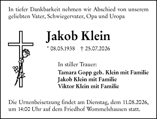 Traueranzeige von Jakob Klein von Hinterländer Anzeiger