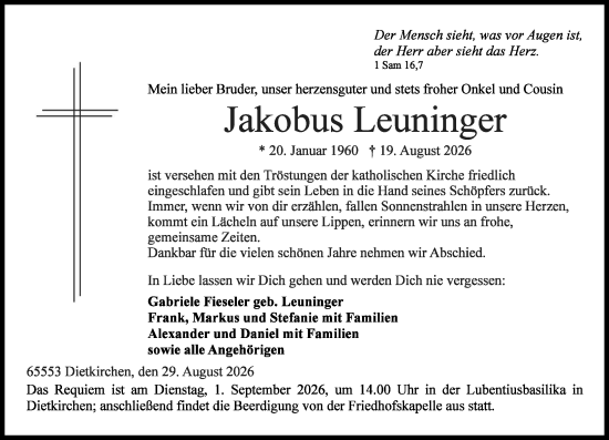 Traueranzeige von Jakobus Leuninger von Nassauische Neue Presse