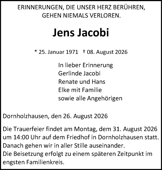 Traueranzeige von Jens Jacobi von Wetzlarer Neue Zeitung