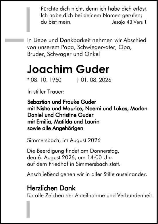 Traueranzeige von Joachim Guder von Dill Block