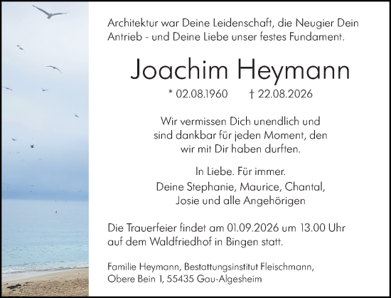 Traueranzeige von Joachim Heymann von Allgemeine Zeitung Rheinhessen-Nahe