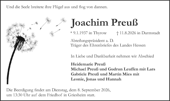 Traueranzeige von Joachim Preuß von Darmstädter Echo