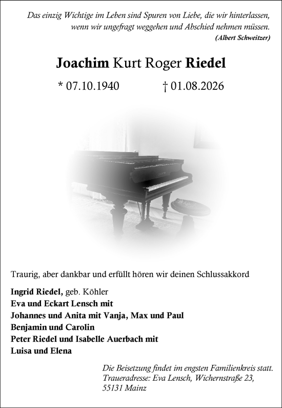 Traueranzeige von Joachim Kurt Roger Riedel von Allgemeine Zeitung Mainz