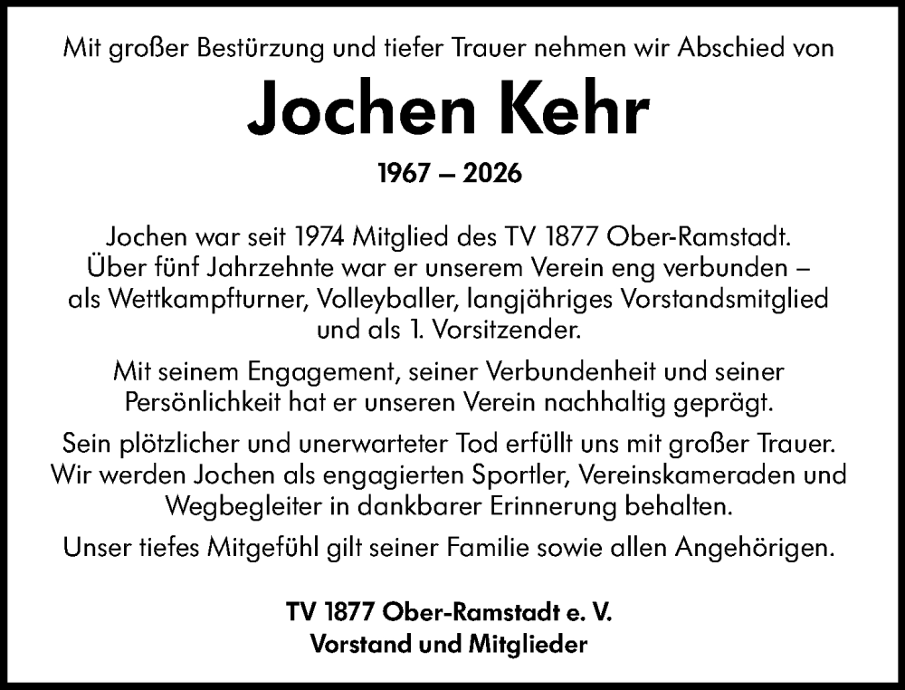  Traueranzeige für Jochen Kehr vom 22.08.2026 aus Darmstädter Echo
