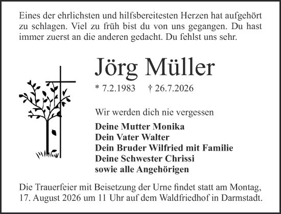 Traueranzeige von Jörg Müller von Darmstädter Echo