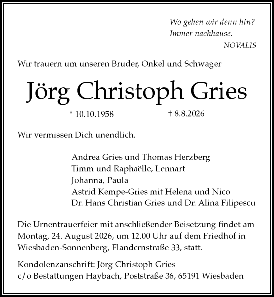 Traueranzeige von Jörg Christoph Gries von Wiesbadener Kurier