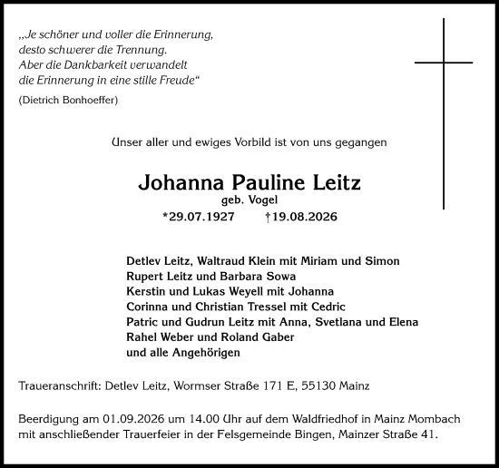 Traueranzeige von Johanna Pauline Leitz von Allgemeine Zeitung Mainz