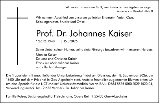 Traueranzeige von Johannes Kaiser von Allgemeine Zeitung Rheinhessen-Nahe