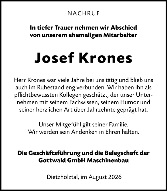 Traueranzeige von Josef Krones von Dill Block