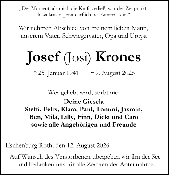 Traueranzeige von Josef Krones von Dill Block