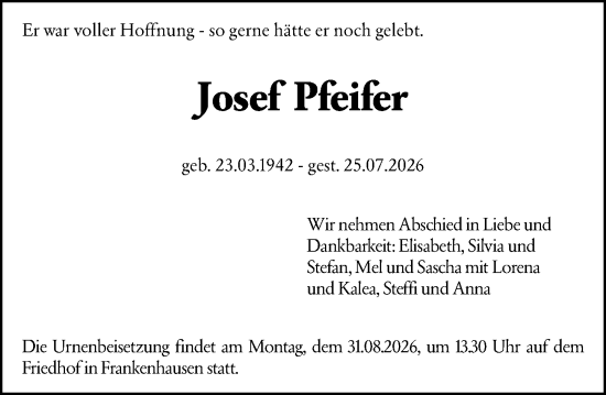 Traueranzeige von Josef Pfeifer von Darmstädter Echo