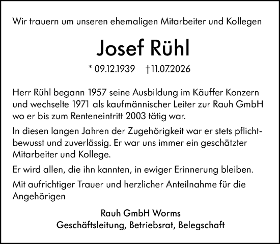 Traueranzeige von Josef Rühl von Allgemeine Zeitung Mainz