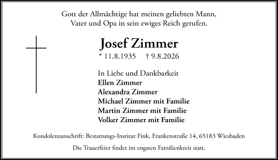 Traueranzeige von Josef Zimmer von Wiesbadener Kurier