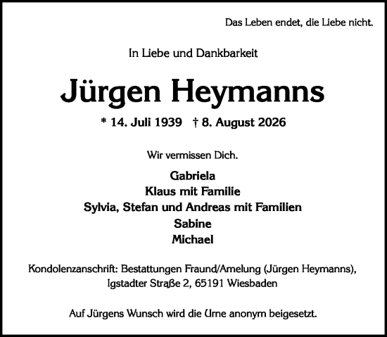 Traueranzeige von Jürgen Heymanns von Wiesbadener Kurier