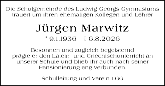 Traueranzeige von Jürgen Marwitz von Darmstädter Echo