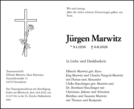 Traueranzeige von Jürgen Marwitz von Darmstädter Echo