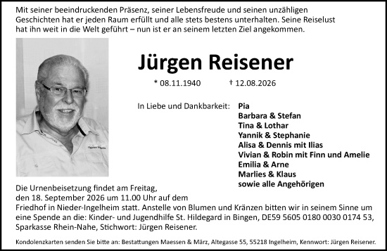 Traueranzeige von Jürgen Reisener von Allgemeine Zeitung Rheinhessen-Nahe