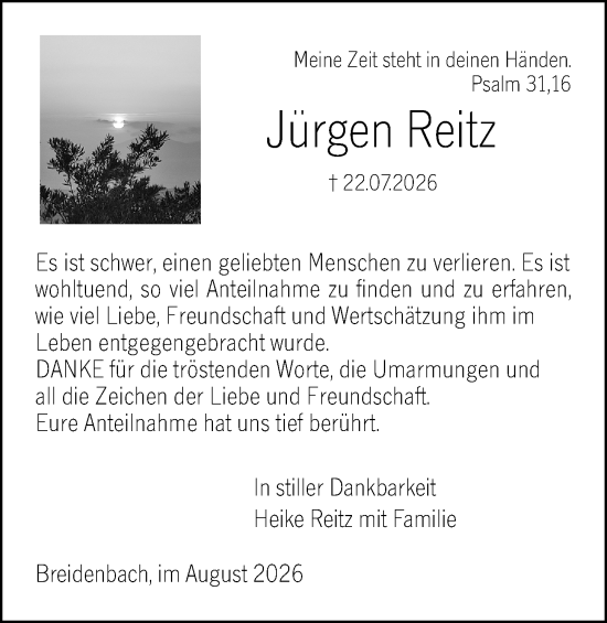 Traueranzeige von Jürgen Reitz von Hinterländer Anzeiger